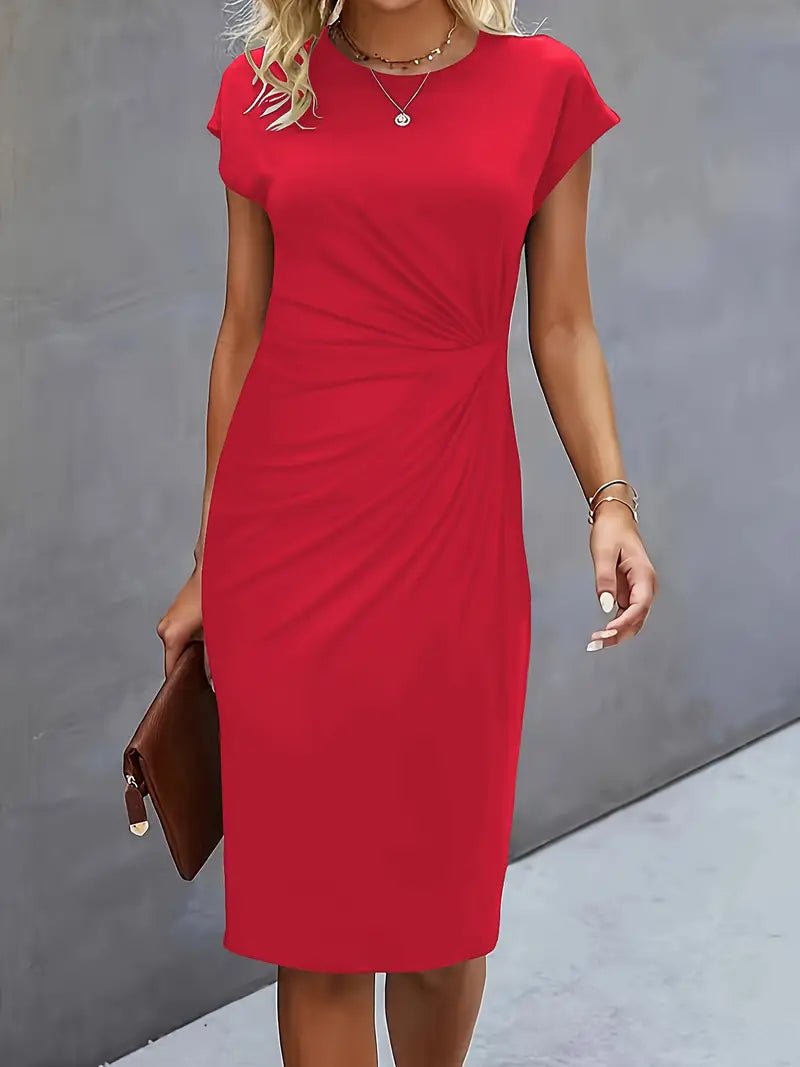Elegant Red Bodycon Midi Dress featuring a twist-ruched waist and cap sleeves, professional look.