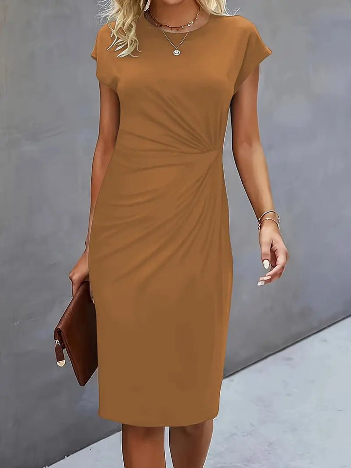 Red Women's Cap Sleeve Bodycon Dress with twist-ruched detail, perfect for office and smart casual.