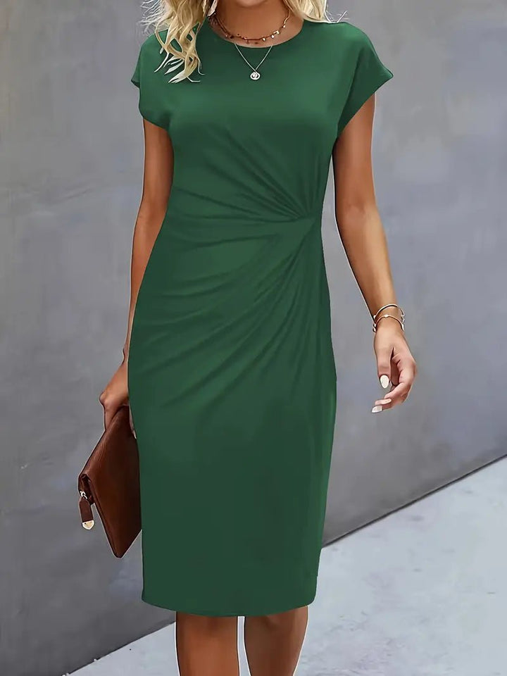 Figure-flattering red professional dress, twist-ruched bodycon midi with cap sleeves, elegant.