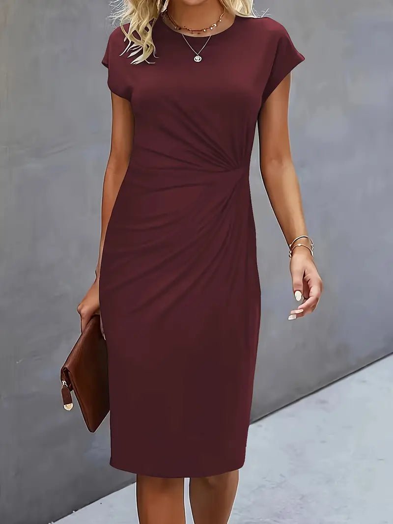 Elegant black bodycon midi dress, twist-ruched front, cap sleeve, perfect for work settings.