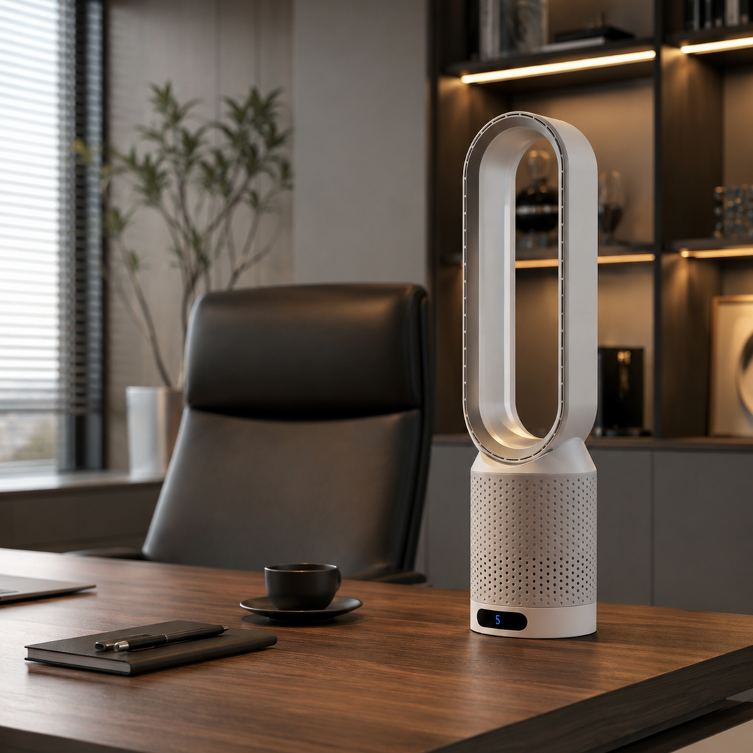 Bladeless tower fan, 3-in-1 air cooler, purifier & UV sterilizer for modern home comfort.