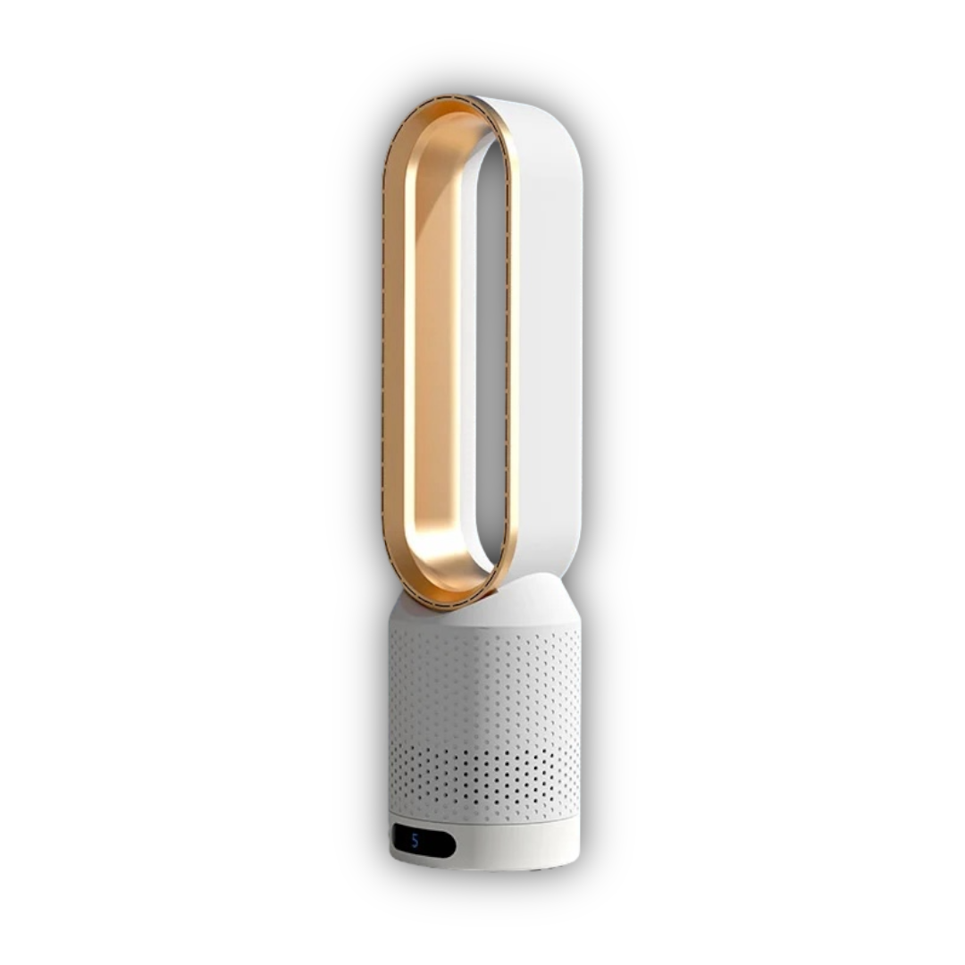 Bladeless 3-in-1 tower fan for air cooling, purification, & UV sterilization; modern home essential.