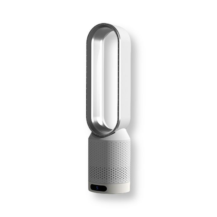 Modern bladeless tower fan providing powerful air cooling & silent operation for any room.