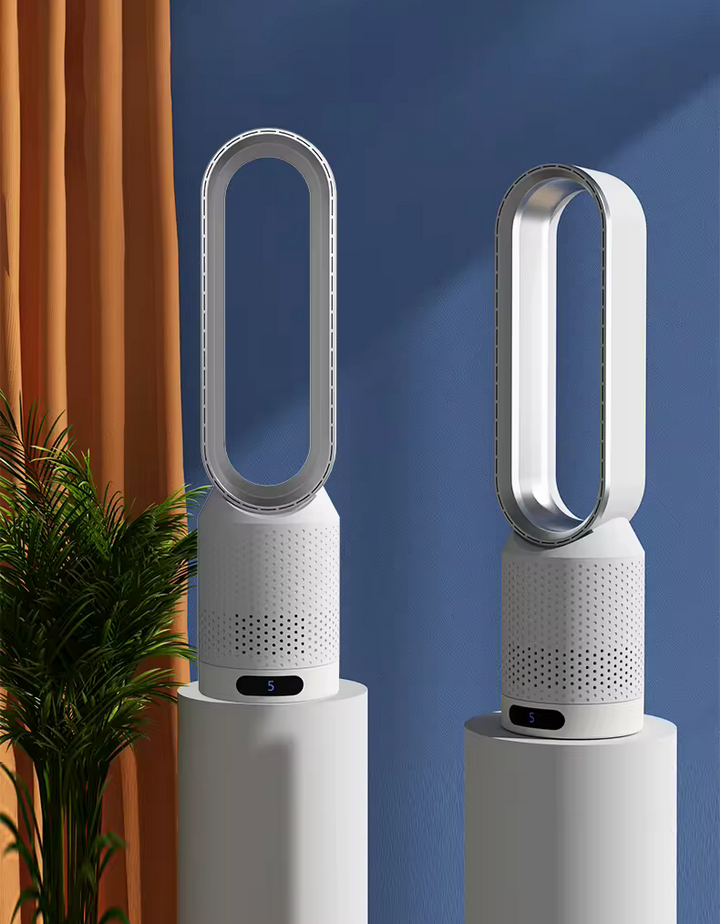 Sleek modern bladeless tower fan, a silent air cooler, purifier, and UV sterilizer.