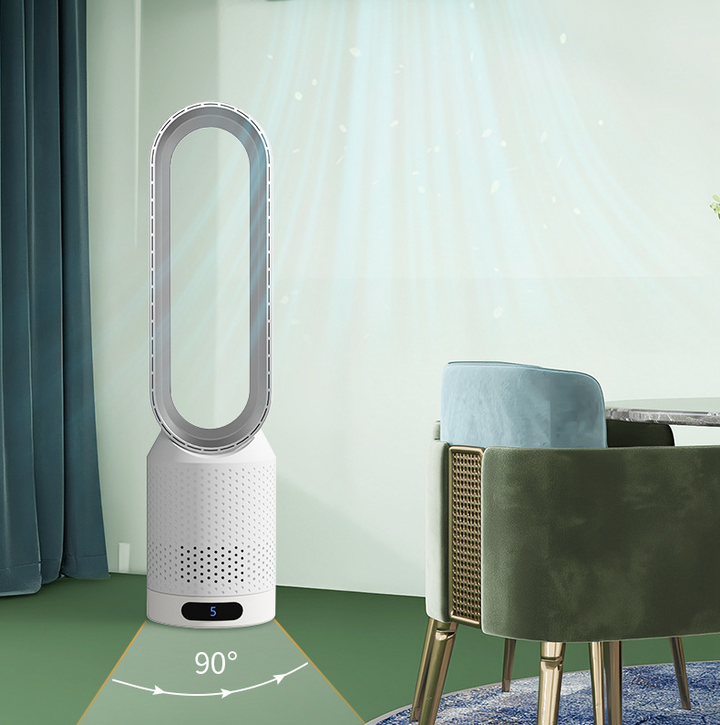 Bladeless tower fan featuring air cooling, purification & UV sterilization, perfect for healthy living.