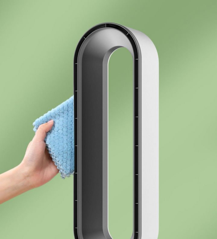 High-tech bladeless tower fan: air cooler, powerful purifier & UV sterilizer for clean, cool air.