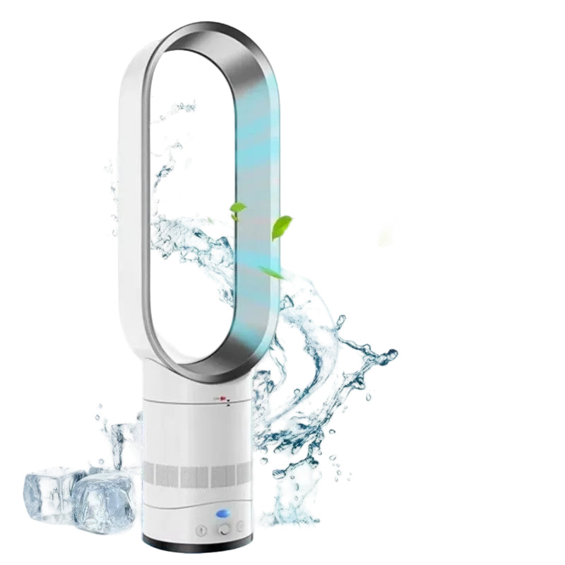 Bladeless tower fan with remote control, 10-speed oscillating design for quiet home cooling.