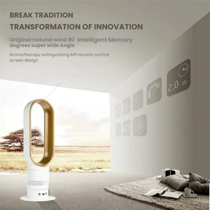 Modern bladeless tower fan, 10-speed, oscillating, ideal for quiet home & office air circulation.