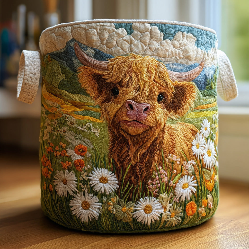 Bloom Highland quilted laundry basket, cotton blend with canvas handles, foldable for home organization & storage.