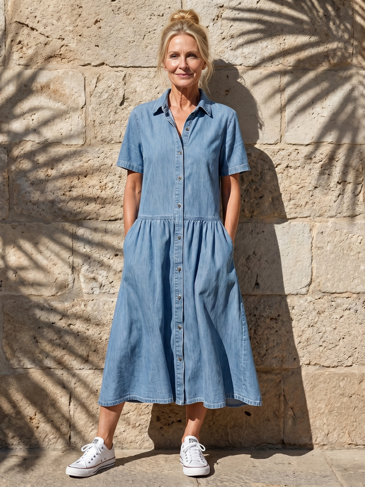 Blue collared midi dress for women, with gathered waist, short sleeves & button front, perfect for summer casual wear.