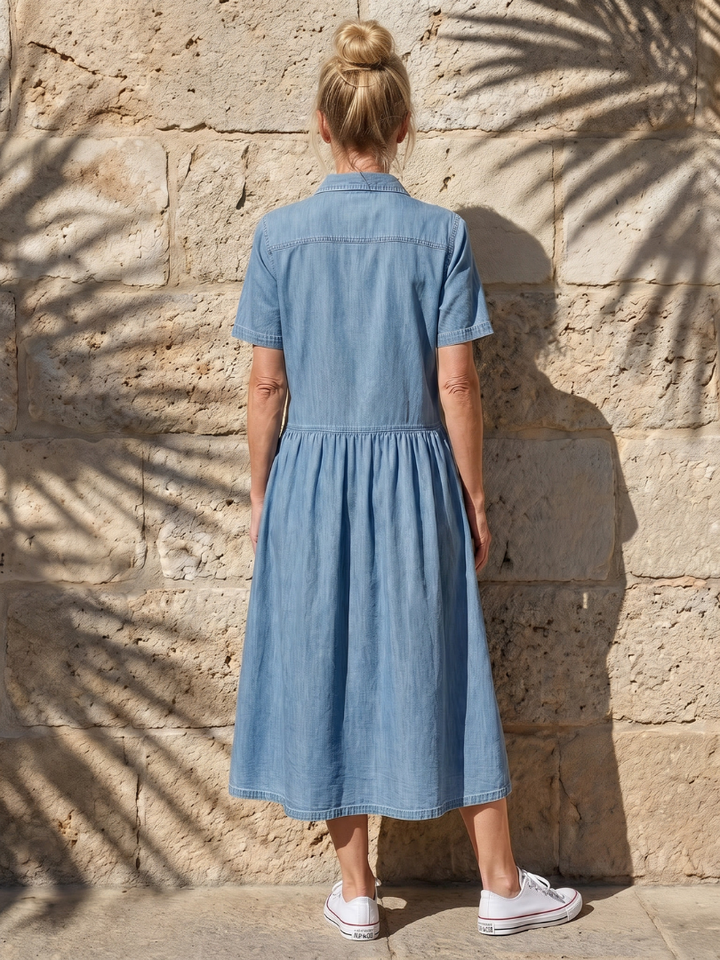 Casual blue midi dress for women, with a chic collared design, gathered waist, and short sleeves, suitable for summer.