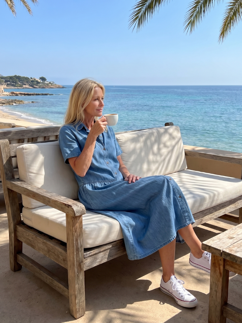 Stylish women's blue collared midi dress, featuring a flattering gathered waist, short sleeves, and a comfortable fit.