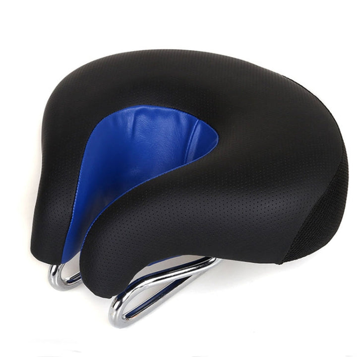 Blue ergonomic noseless bike saddle for unisex. Shock-absorbing design for road & mountain bike cycling comfort.