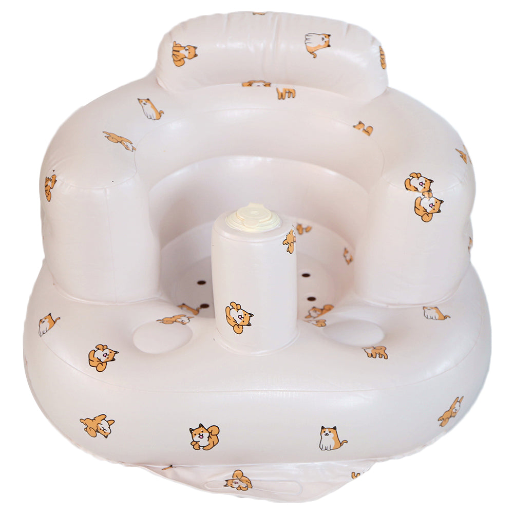 Blue inflatable baby bath & floor support chair for infants learning to sit. Portable & comfortable baby essential.