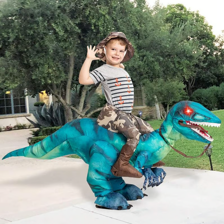 Blue inflatable dino ride-on toy for kids and adults, perfect for outdoor playtime fun.