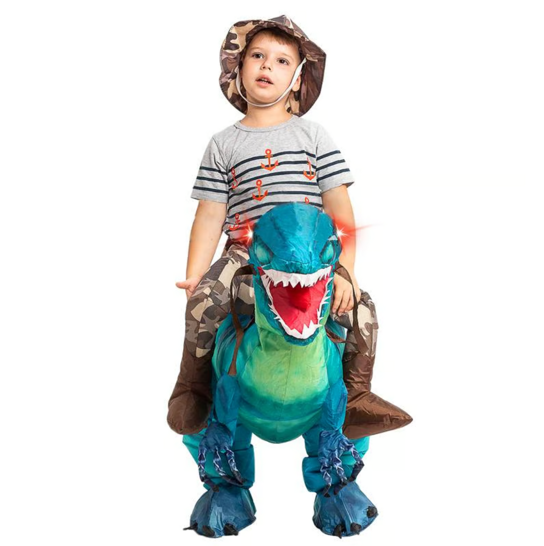 Vibrant blue inflatable dinosaur ride-on, ideal for exciting indoor or outdoor adventure play.