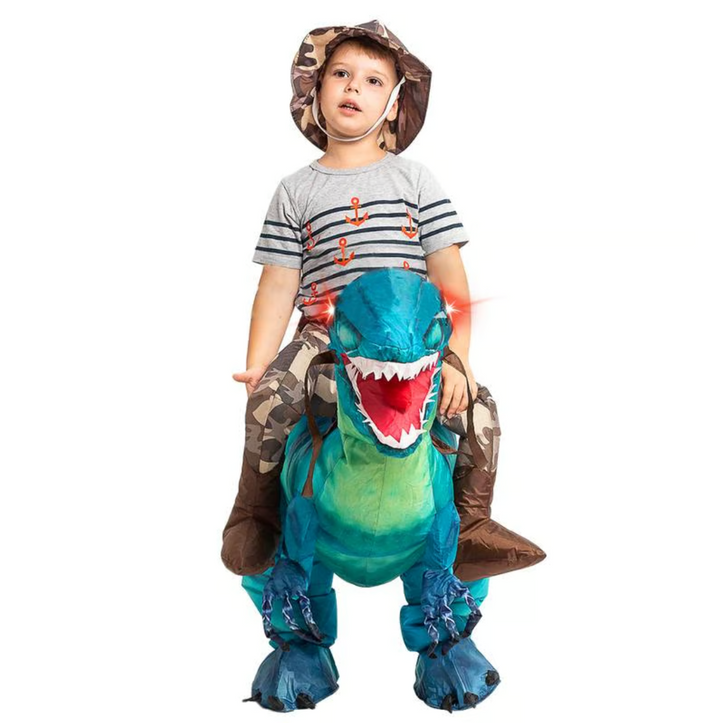 Vibrant blue inflatable dinosaur ride-on, ideal for exciting indoor or outdoor adventure play.