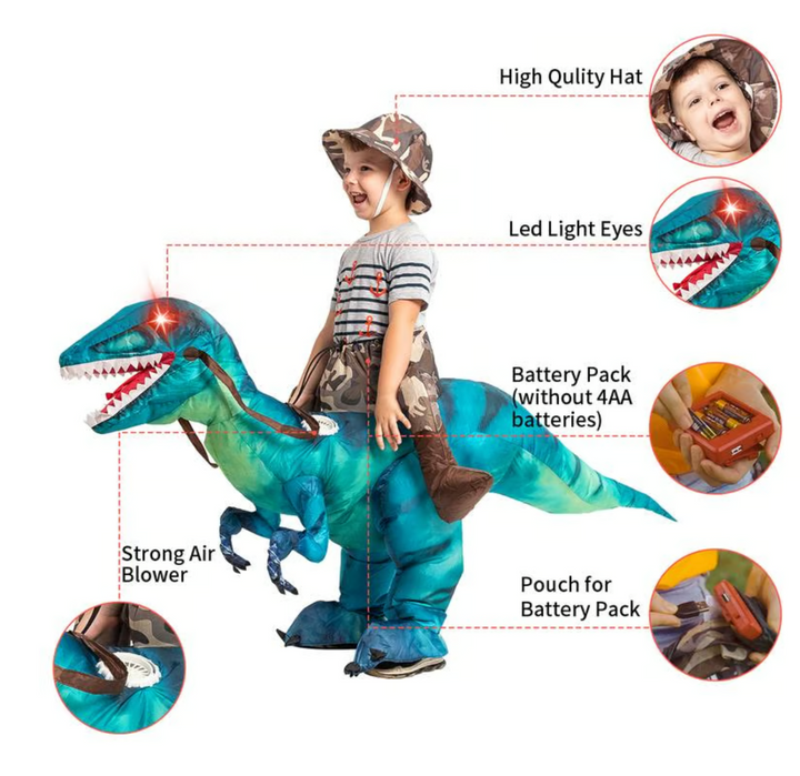Adults having fun with a giant inflatable blue dino ride-on, great for pool parties or events.