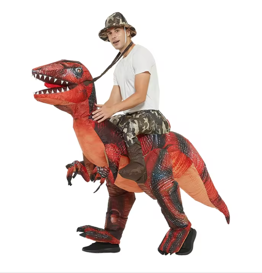 Large, friendly inflatable red dino ride-on toy, bringing joyful playtime and adventure to kids and adults.