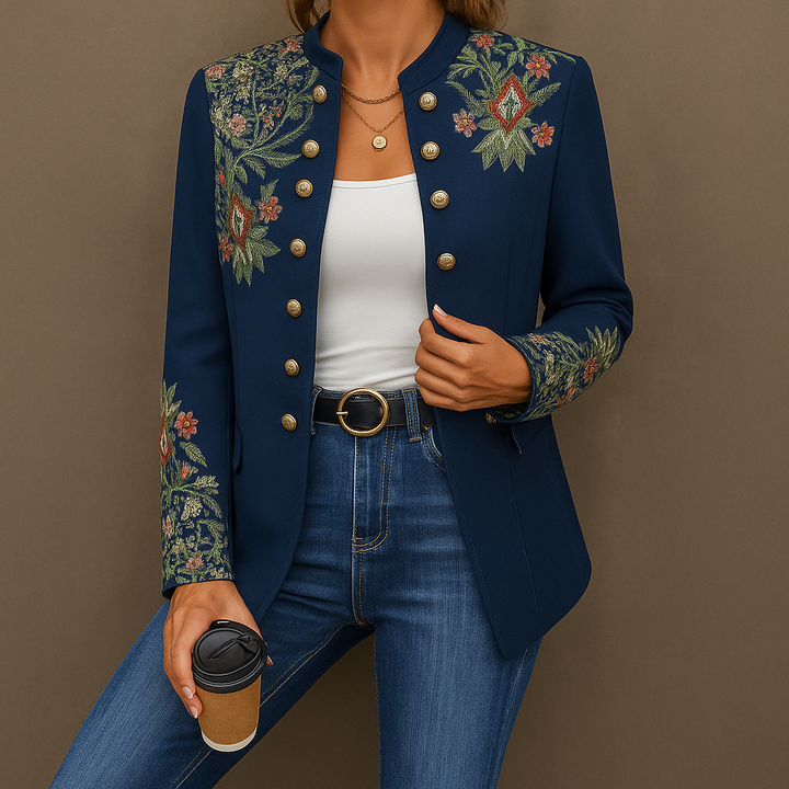 Blue women's elegant double-breasted cardigan with notched lapel for versatile business casual or office wear.