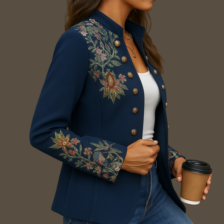 Elegant women's blue cardigan with notched lapel & double-breasted design, perfect for office wear & layered fashion.