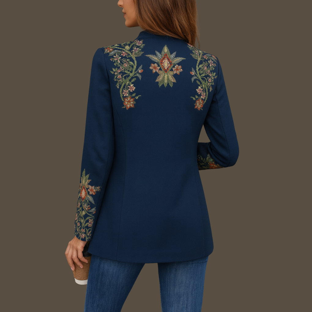 Versatile blue women's elegant cardigan, double-breasted with a notched lapel, ideal for smart casual & professional outfits.