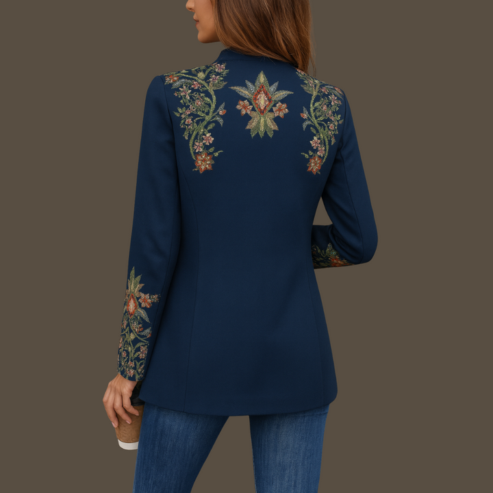 Versatile blue women's elegant cardigan, double-breasted with a notched lapel, ideal for smart casual & professional outfits.