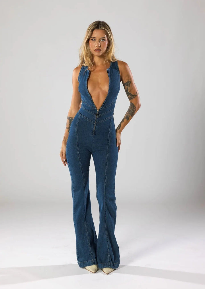 Blue women's plunge neck fitted flared jumpsuit, perfect for party and evening wear.