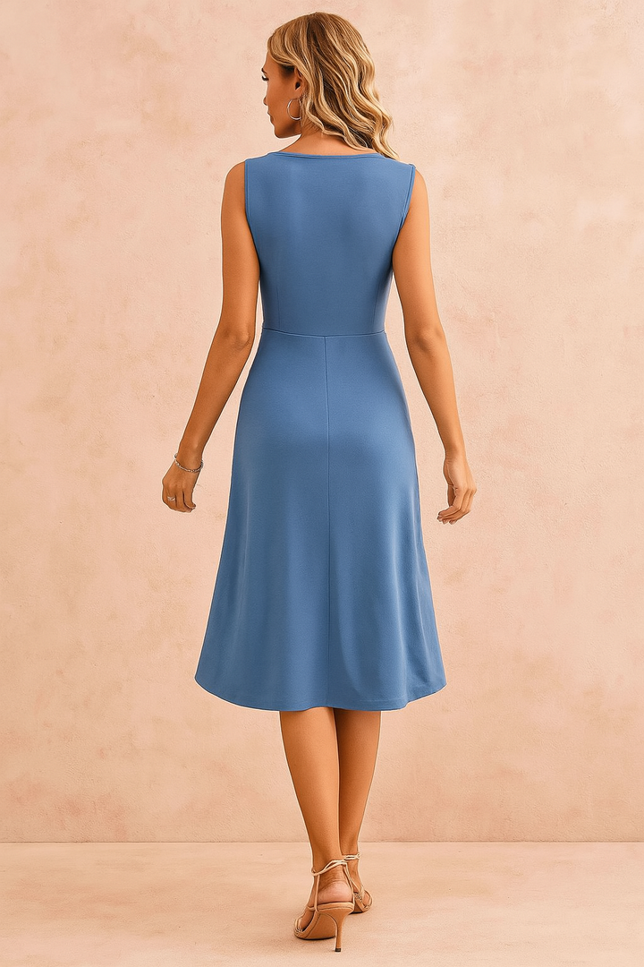 Stylish blue mini dress for women with V-neck, twist front. Ideal beach dress or party dress for summer fashion.