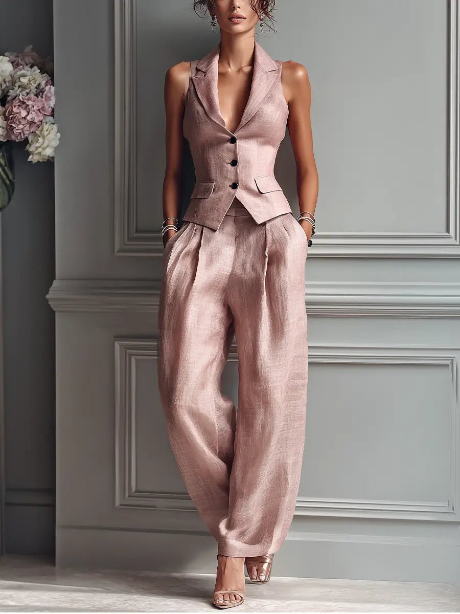 Blush pink women's linen two-piece set featuring a sleeveless lapel vest and wide-leg trousers, perfect for summer.