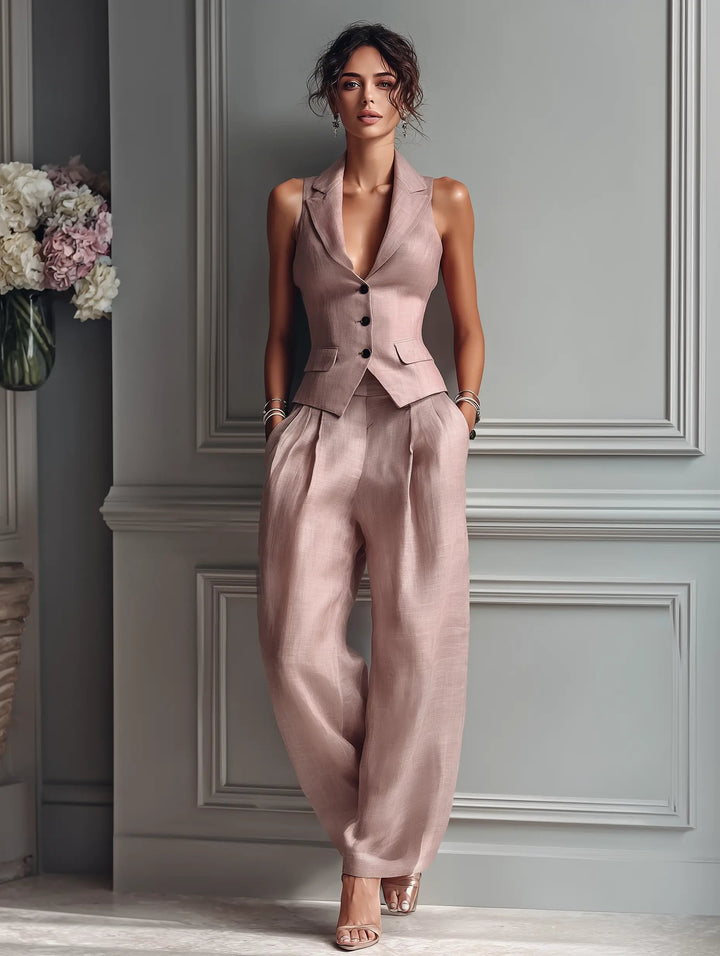 Sleeveless linen vest and wide-leg trousers in blush pink for women, an elegant and comfortable two-piece set.