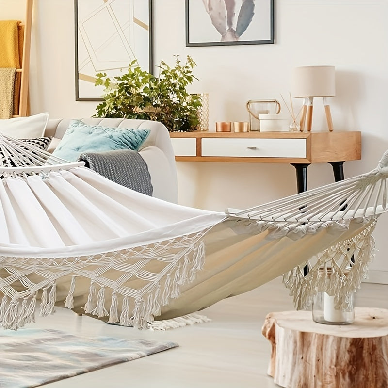 Durable cotton bohemian hammock, excellent for garden, patio, or indoor relaxation spots.