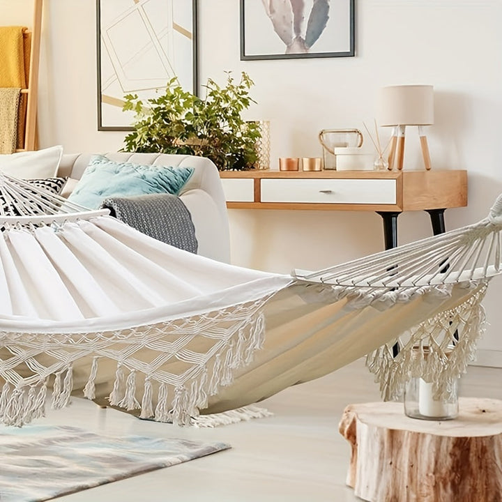 Durable cotton bohemian hammock, excellent for garden, patio, or indoor relaxation spots.