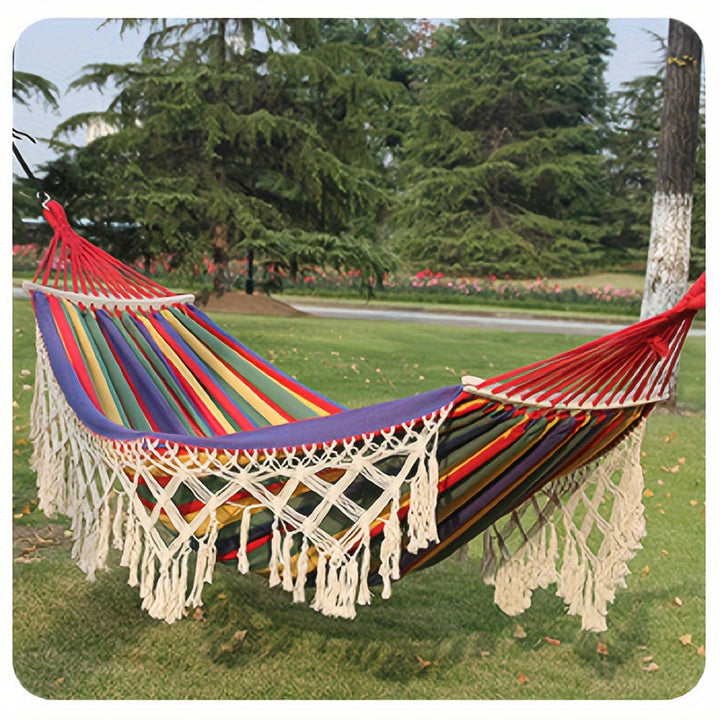 Hand-woven bohemian double hammock, perfect for ultimate relaxation and outdoor comfort.