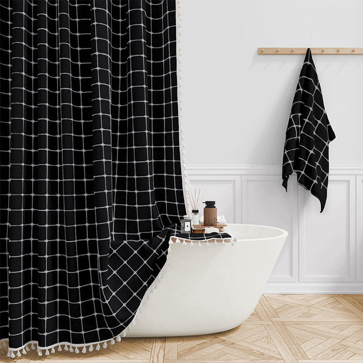 Rustic chic bohemian farmhouse waterproof linen shower curtain with charming tassels, full length.
