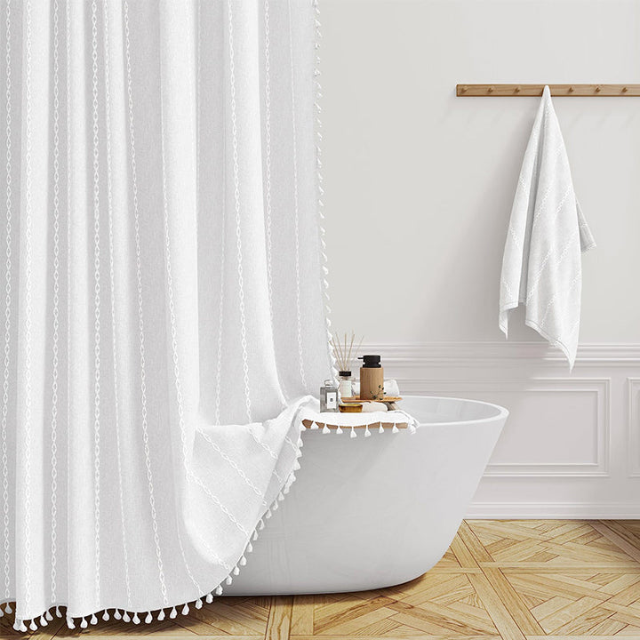 Striped bohemian farmhouse waterproof linen shower curtain, perfect for stylish bathroom home decor.