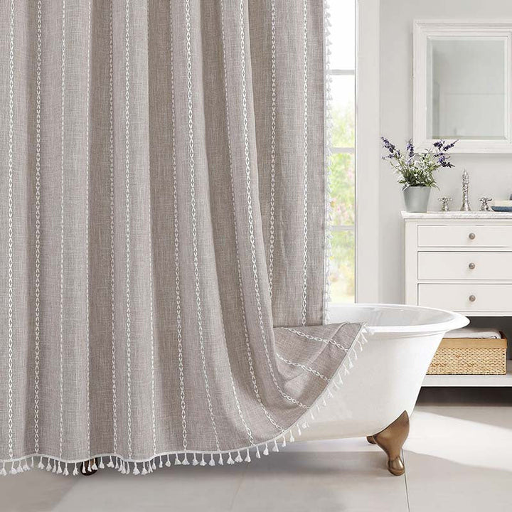 Rustic bohemian farmhouse waterproof linen shower curtain with charming tassels, great home decor.