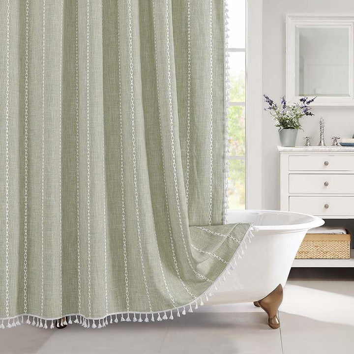 Modern bohemian farmhouse waterproof linen shower curtain, striped pattern, adds comfort to bathroom.