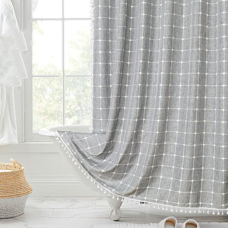 Elegant bohemian farmhouse waterproof linen shower curtain, plaid pattern, adds rustic chic to bath.