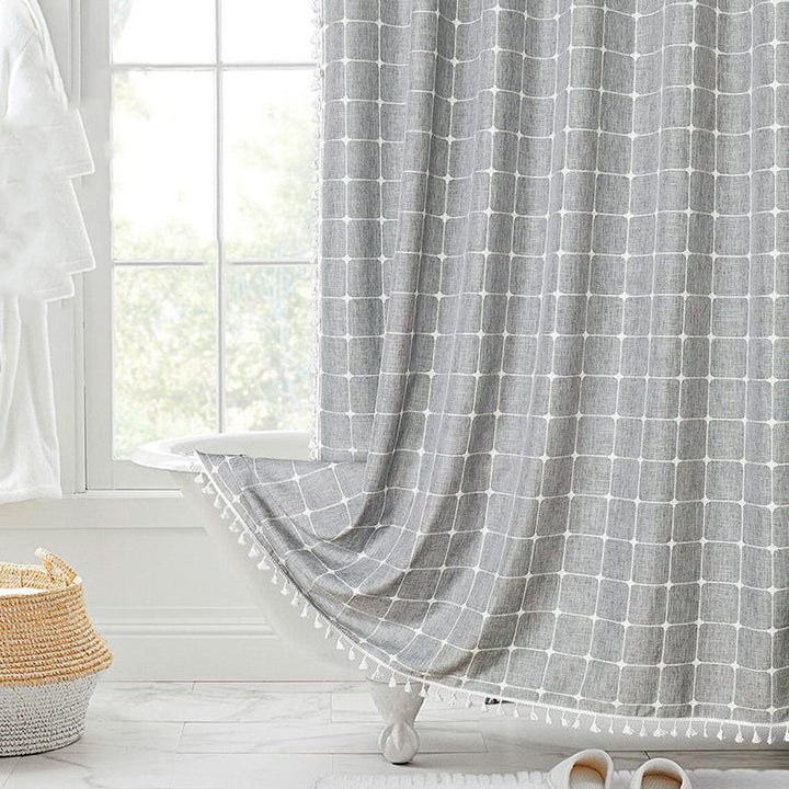 Elegant bohemian farmhouse waterproof linen shower curtain, plaid pattern, adds rustic chic to bath.