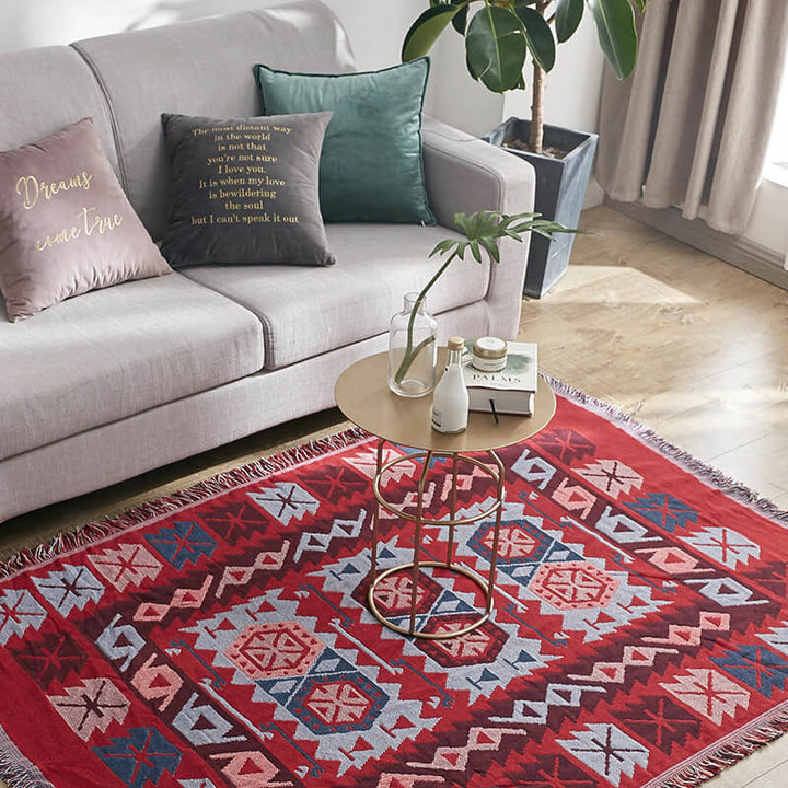 Bohemian knitted sofa throw blanket with decorative tassels. Cozy living room accent.