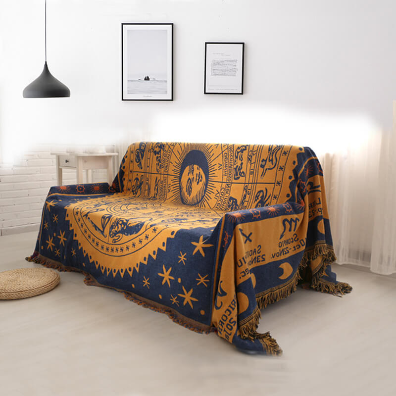 Bohemian tassel knitted sofa throw. Reversible design, cozy living room decor accent.