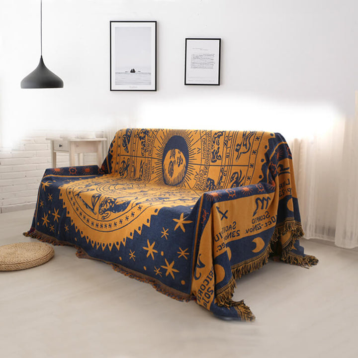 Bohemian tassel knitted sofa throw. Reversible design, cozy living room decor accent.