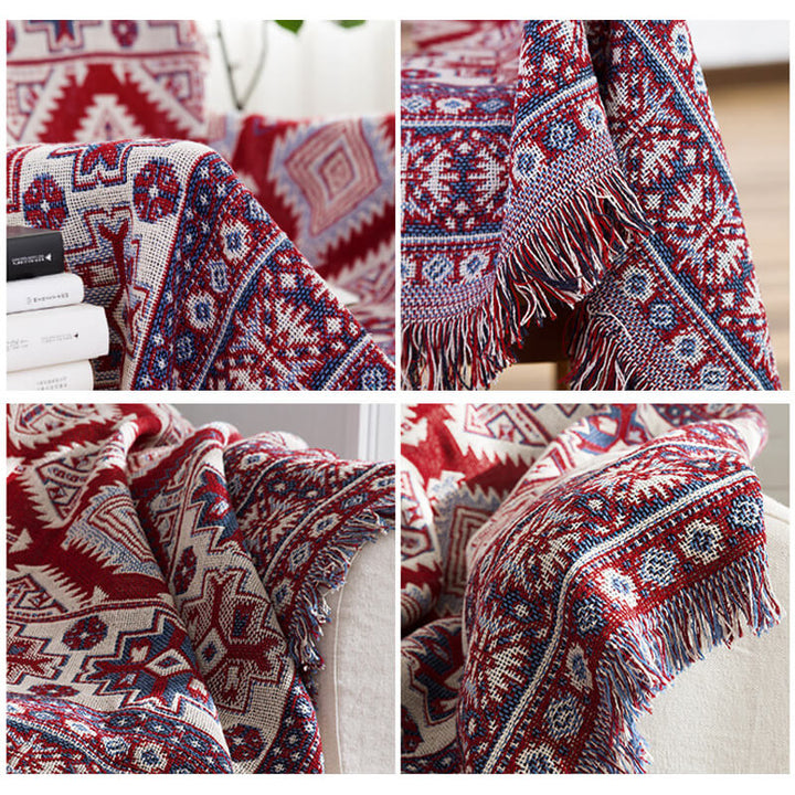 Ethnic pattern bohemian knitted throw with tassels. A cozy and decorative sofa blanket.