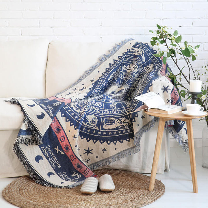Soft knitted bohemian throw blanket, featuring ethnic patterns and stylish tassels.