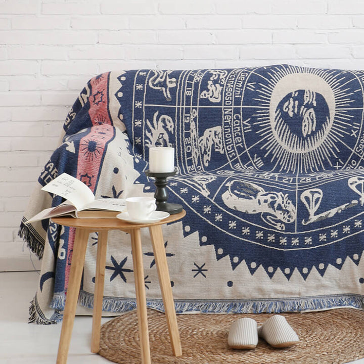 Reversible bohemian tassel throw blanket for sofa. Knitted home decor accent.