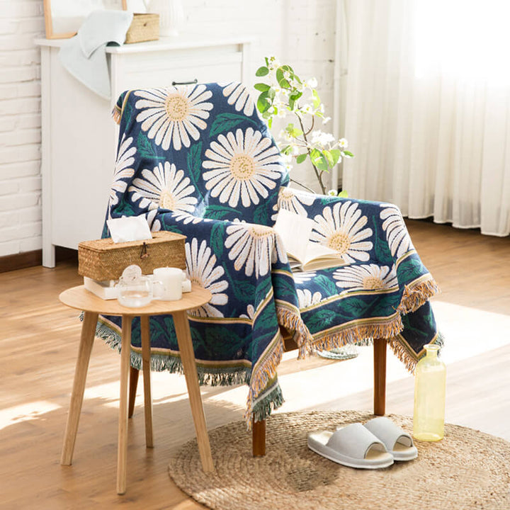 Cozy ethnic pattern bohemian knitted throw blanket. Tassel detailed sofa cover.