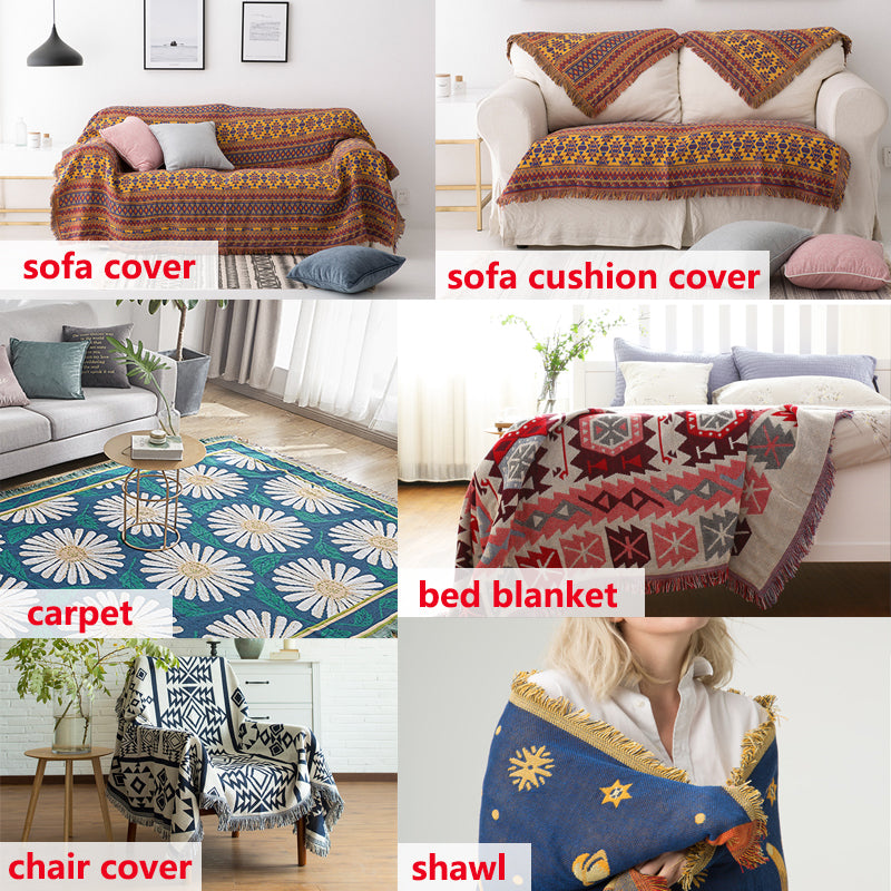 Stylish knitted sofa throw blanket with bohemian ethnic pattern and decorative tassels.