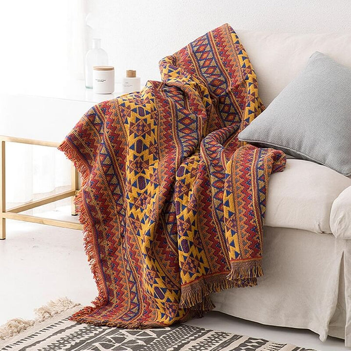 Decorative bohemian tassel knitted throw blanket. Ideal for sofa and home decor accent.