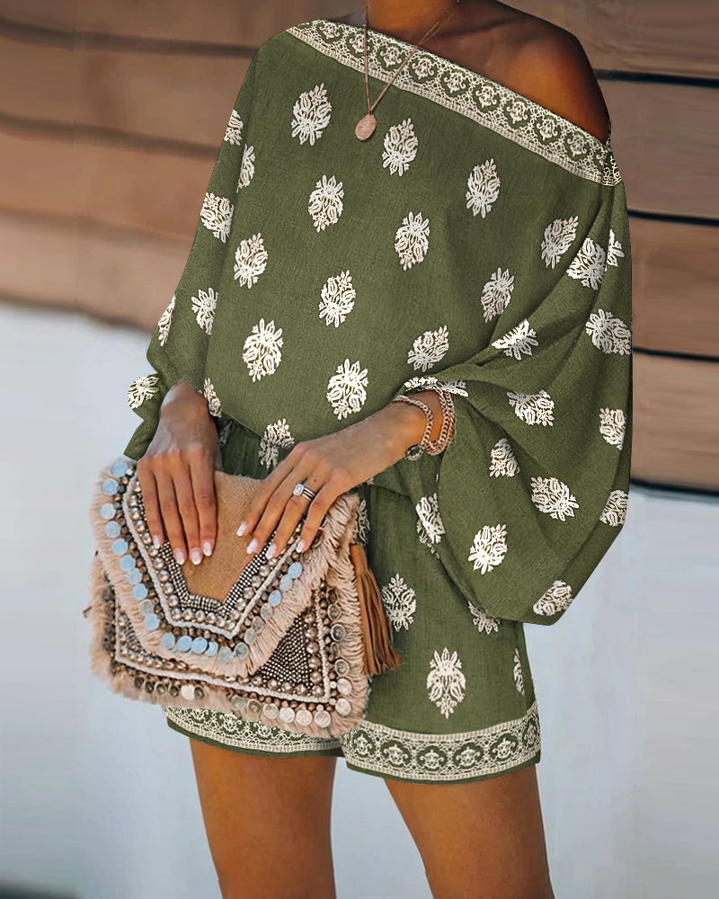 Boho lantern sleeve top & shorts set for women. Summer co-ord outfit, bohemian style.